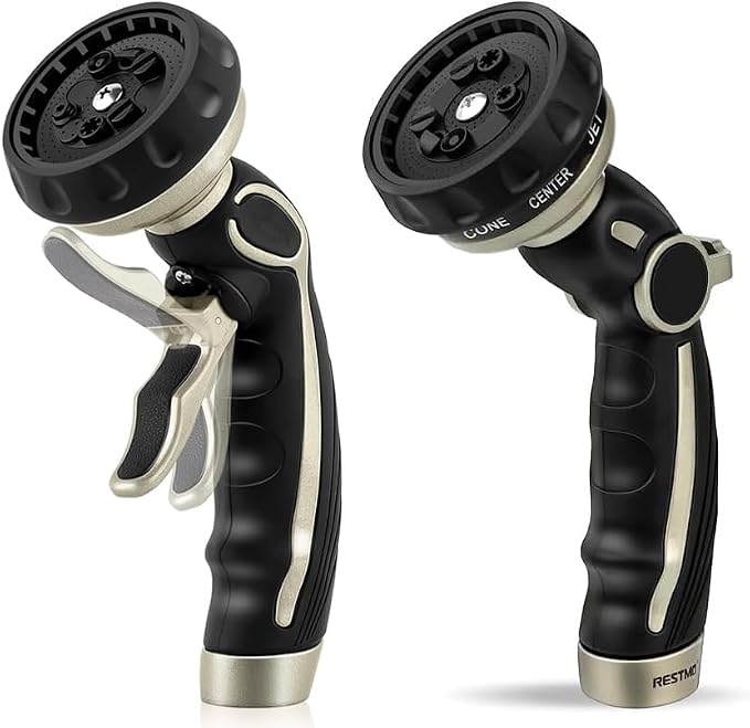 RESTMO Hose Nozzle with Easy Self-Lock Trigger, Heavy Duty Metal Water Hose Sprayer with 9 Spray Patterns and On/Off Valve, High Pressure | Thumb Flow Control, Ideal for Outdoor Lawn & Plant Watering,