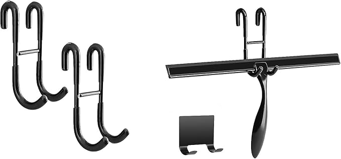 Simtive 14-Inch Shower Squeegee (Includes 1 Shower Door Hook and 1 Adhesive Hook), Shower Door Hooks (2-Pack), Both Black, 2 Item Bundle