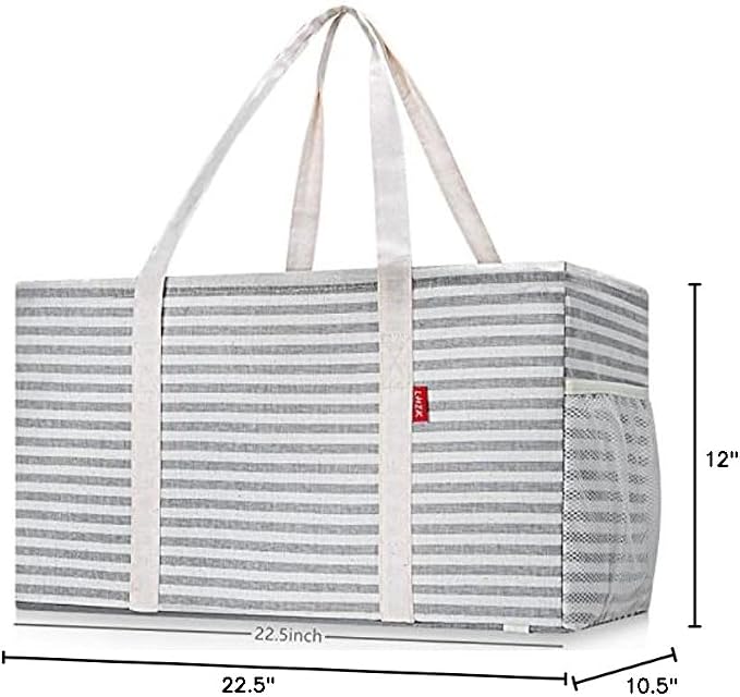 LHZK Standing Extra Large Utility Tote Bag with Metal Wire Frame and the Sides Rinforced, Extra Large Tote Bag with Handle, Reusable Grocery Bags Foldable, Beach Bag, Car Tote (Gray) | 22.5×10.5×12 inch