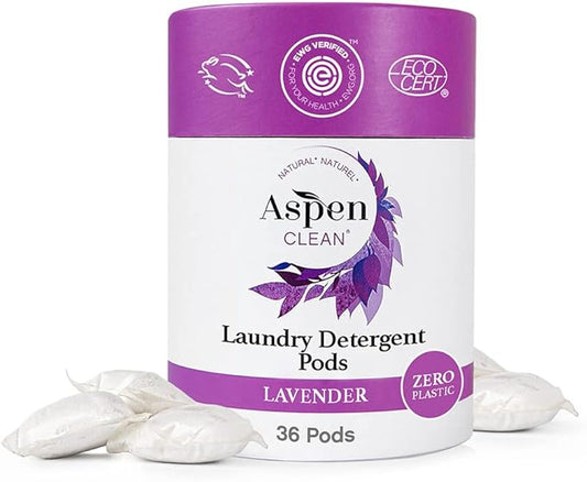 AspenClean | Laundry Pods | Lavender | Made for Sensitive Skin | Zero Plastic | Non - Toxic | 100% Natural | EWG Verified - 36 Count