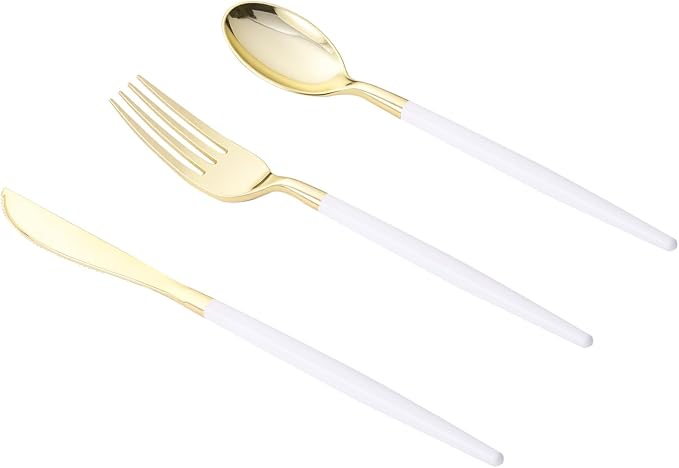 Goodluck 300PCS White Gold Plastic Silverware Set for 100 Guests, 100 Knives, 100 Forks and 100 Spoons, Food-grade material free of BPA, Gold Plastic Cutlery Ideal for Weddings, Birthdays, Graduation