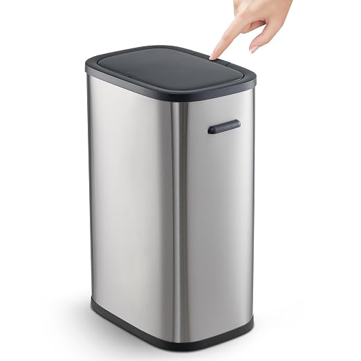 Fashionwu 55L/14.5 Gallon Kitchen Trash Can, Stainless Steel Trash Can with Lid, Anti-Fingerprint Soft-Close Lid Silent, Suitable for Kitchen, Office, Bedroom, Living Room (Gray, Press Top Lid)