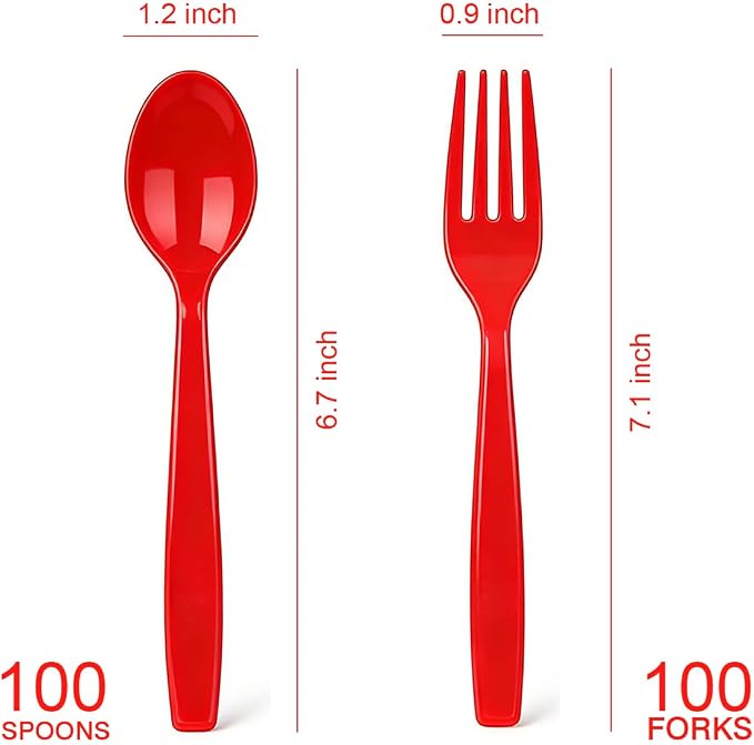 MOACOCK 200 Count Red Plastic Silverware, Heavy Weight Plastic Forks Spoons Disposable Utensils Cutlery Set for Wedding Party Supplies Everyday Use