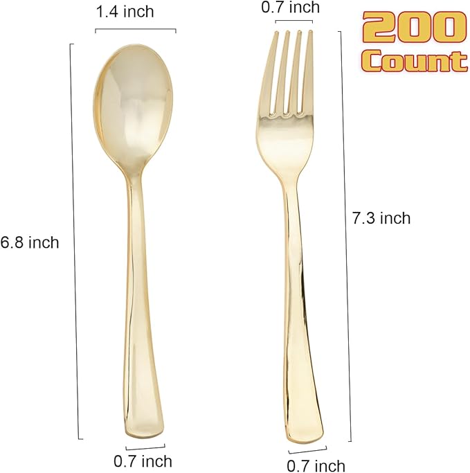 MOACOCK 200 Count Light Gold Plastic Silverware, Heavy Duty Plastic Utensils Set 100 Spoons and Forks, Gold Spoons and Forks Set for Catering Party Wedding Dinners