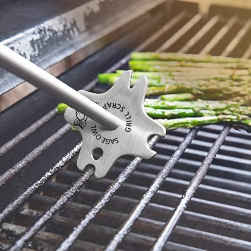 Sage Owl Bristle-Free Stainless Steel BBQ Grill Scraper with 17.5” Handle – Essential Barbecue Tool for Outdoor Charcoal Grills – Unique Cooking Gadgets and Gift for Men Who Have Everything