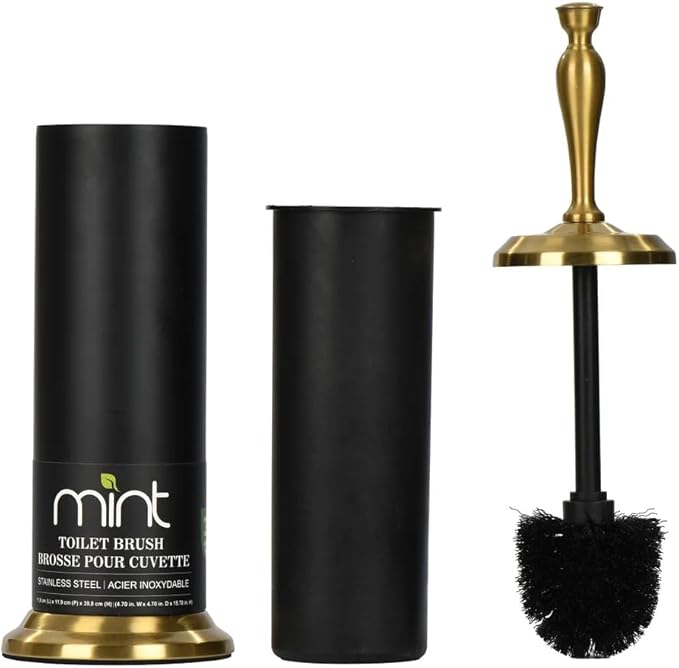 J&V TEXTILES Toilet Brush, Toilet Bowl Brush with Extra Long Handle Durable Bristles Toilet Scrubber and Covered Holder for Toilet Brush Set for Bathroom Cleaning (Matte Black/Aged Brass)