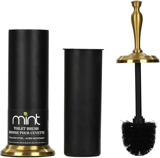 J&V TEXTILES Toilet Brush, Toilet Bowl Brush with Extra Long Handle Durable Bristles Toilet Scrubber and Covered Holder for Toilet Brush Set for Bathroom Cleaning (Matte Black/Aged Brass)