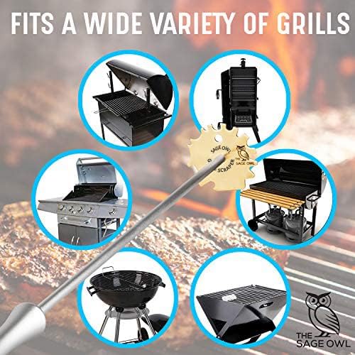 Sage Owl Bristle-Free Brass BBQ Grill Scraper with 17.5” Handle – Safe Universal Grill Cleaner for Outdoor Grills, Porcelain, Grilling Tools, and Kitchen Gadgets - Unique Gifts for Husband Birthday
