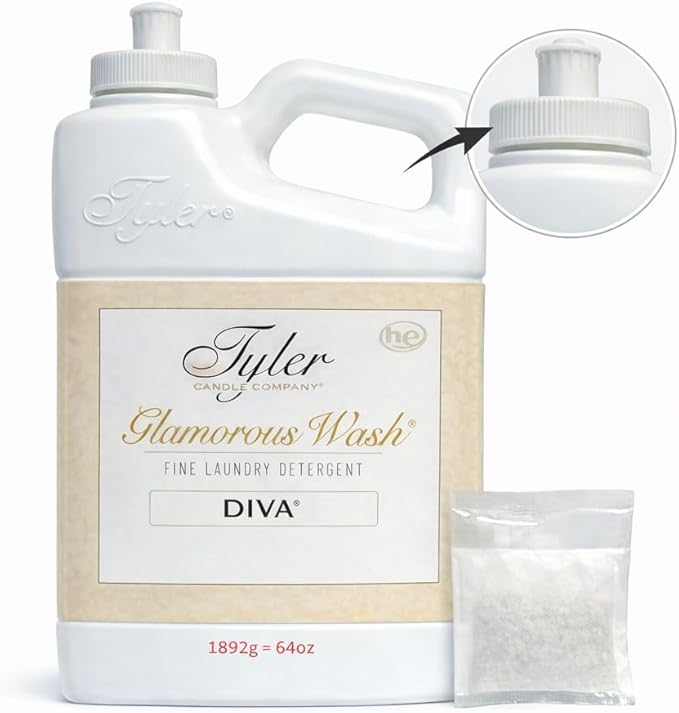 TYLER CANDLE COMPANY Glam Wash Diva 64 Fl Oz Laundry Detergent/with Dryer Sachet Single Pouch, Pull and Pour Spill Proof Cap fl