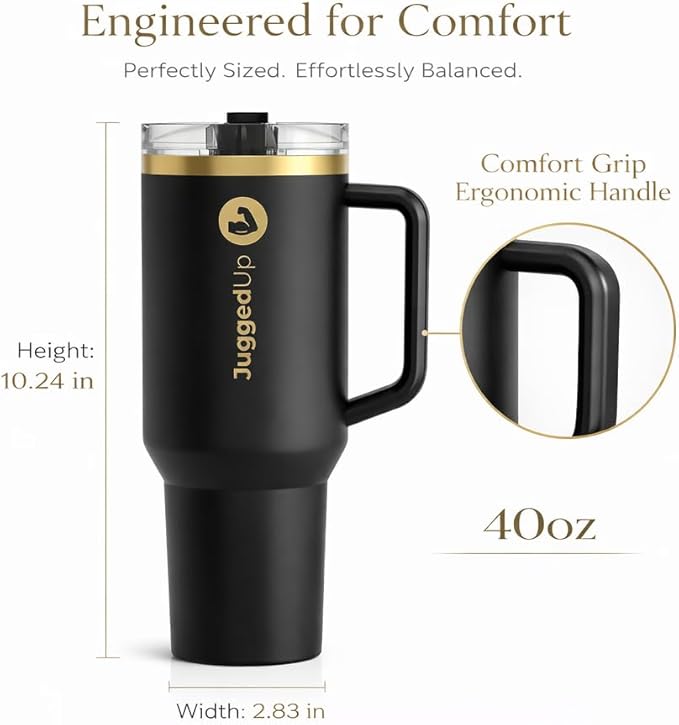 Hydra 40oz Insulated Stainless Steel Tumbler with Handle & Flip Straw Lid – Leak Proof Vacuum Travel Mug, Cup Holder Compatible, BPA Free – Onyx Gold