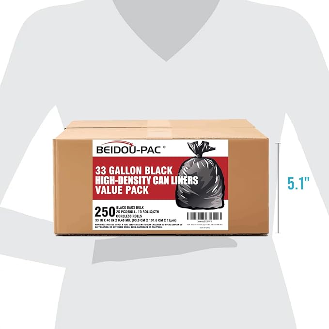 BEIDOU-PAC 33 Gallon Trash Bags, 250 Count Bulk, Black Garbage bags, Multi-purpose Trash Can Bin Liners for Home Commercial, Outdoor, Construction, Industrial, Janitorial, Municipal, Lawn, Leaf