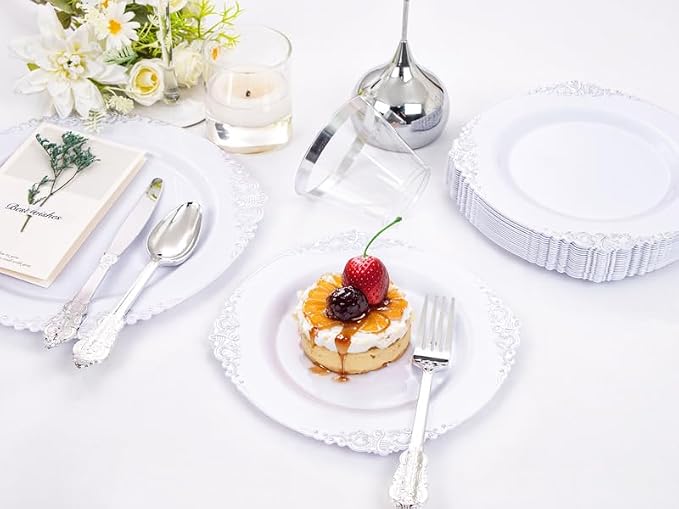 Liacere 350PCS Silver Plastic Plates&Pre Rolled Napkins for 50 Guests - Plastic Dinnerware Sets 100Silver Disposable Plates, 150Silver Silverware, 50Cups and 50Napkins for Wedding&Party