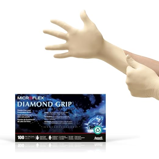 Ansell MICROFLEX Diamond Grip MF-300 Disposable Latex Gloves for Automotive, Healthcare, Machinery Industries - XS, Natural (Box of 100)