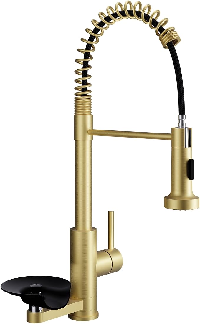 Kitchen Sink Pull Down Faucet with Cup Washer Single Handle Commercial Industrial Pull Out Spring Faucets with Glass Rinser fit 1 or 3 Hole for Farmhouse Camper Laundry Utility RV Wet Bar Brushed Gold