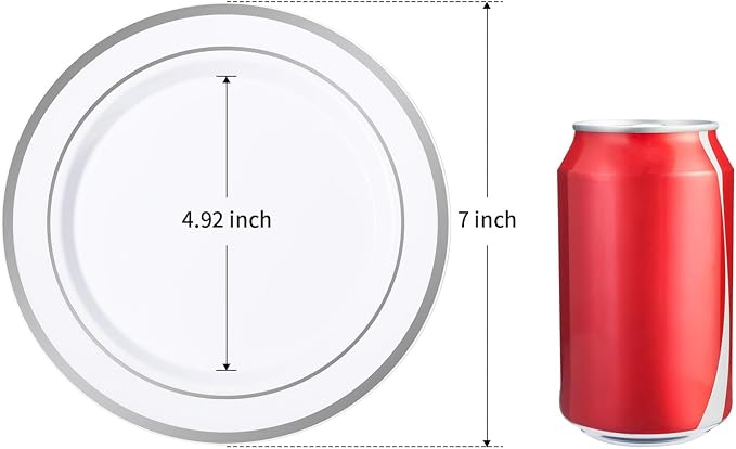 BESTSTAR 7 Inch White Plastic Plates,100PCS Disposable Dessert/Appetizer/Small Cake Plates with Silver Rim,Heavy Duty Plate Ideal for Wedding and Birthday