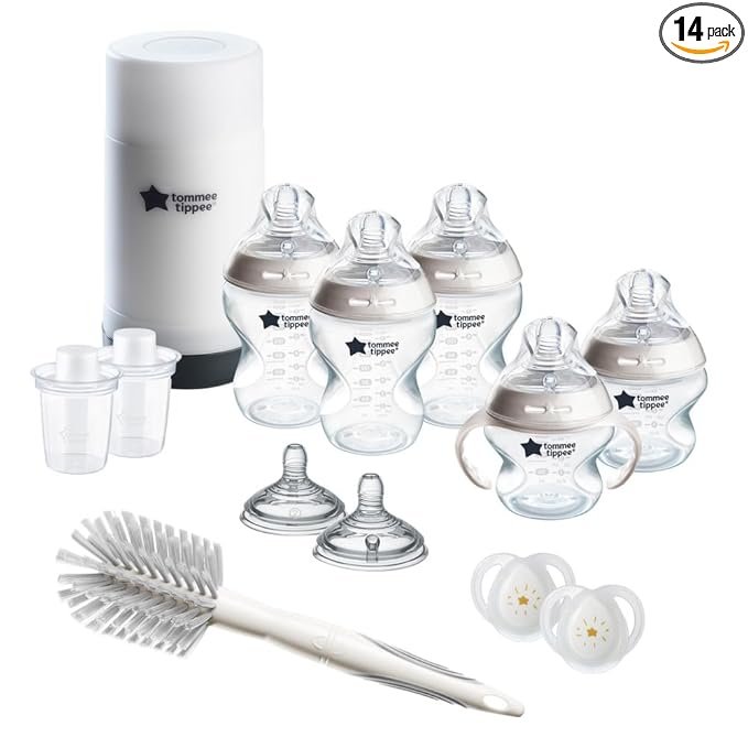 Tommee Tippee Natural Start Ready for Baby Bottle Set, 5oz & 9oz Self-Sterilizing Baby Bottles, Slow & Medium Flow Breast-Like Nipples with Anti-Colic Valves, 0-6 month pacifiers, Travel Bottle Warmer