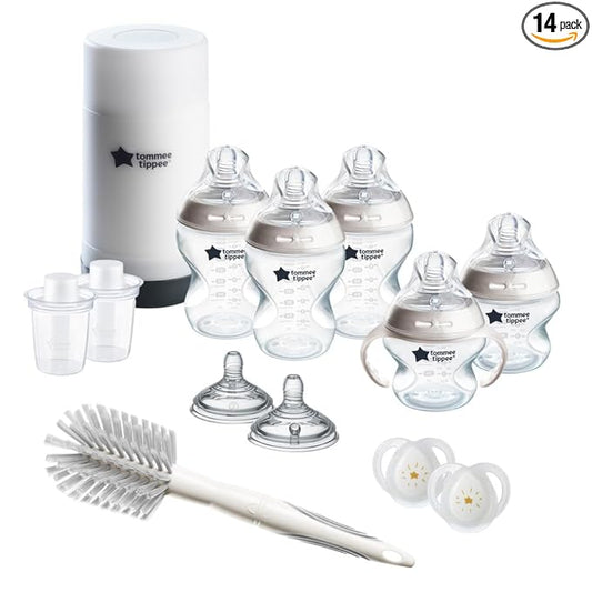 Tommee Tippee Natural Start Ready for Baby Bottle Set, 5oz & 9oz Self-Sterilizing Baby Bottles, Slow & Medium Flow Breast-Like Nipples with Anti-Colic Valves, 0-6 month pacifiers, Travel Bottle Warmer