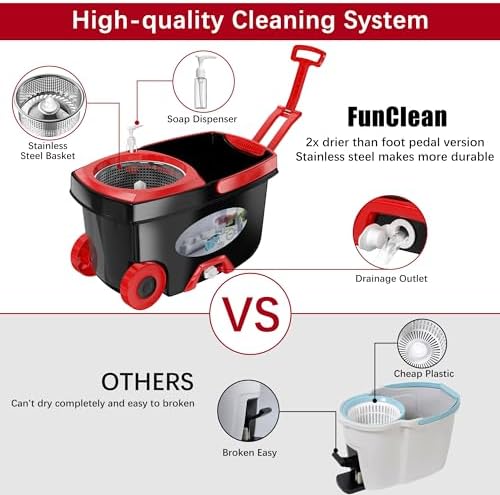 FunClean Spin Mop and Bucket,Mop and Bucket with Wringer Set for Home,360 Spinning Mopping Floor Cleaning Tool with 12 Microfiber Replacement Head Refills,61" Extended Handle, 2X Wheel - Black