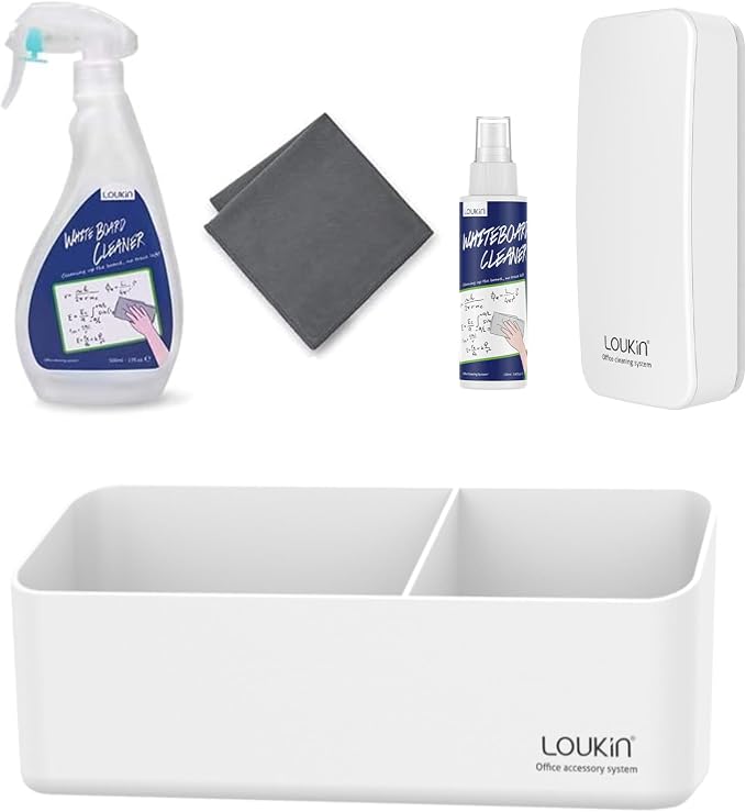 loukin | Non-toxic Whiteboard Cleaner Kit (17 fl oz) & Magnetic and Adhesive Marker Holder (White) Magnetic Dry Erase Eraser (White) &Whiteboard Cleaner (3.4 fl oz)