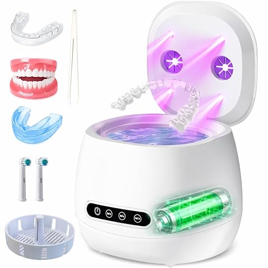 Ultrasonic Retainer Cleaner Machine, 45kHz Rechargeable Retainer Cleaner with 4 UV Lights, W200 Ultrasonic Cleaner for Retainers, Aligners, Mouth Guards, Night Guards & Dentures