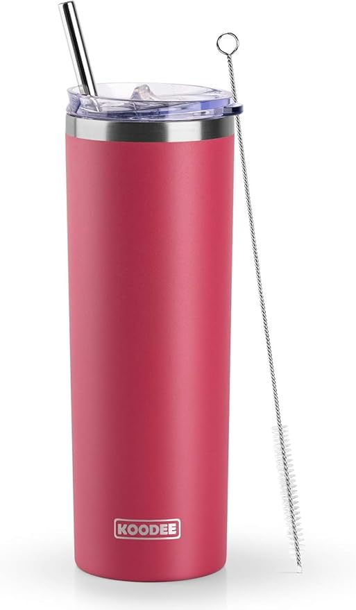 koodee 20 oz Skinny Tumbler with Straw, Stainless Steel Double Wall Insulated Slim Tumbler for Women/Men Diy Birthday Gift (Wine Red)