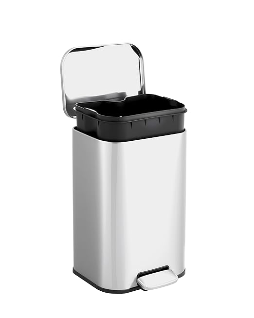 3.2 gal/12L Stainless Steel Kitchen Trash Can, Step-on Recycling Bin with Soft Close Lid, Removable Inner Bucket, Rectangular Wastebasket for Office Living Room, Silver