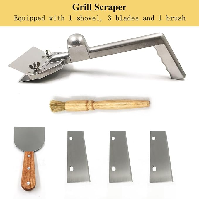 Grill Scraper Heavy Duty Commercial Griddle Scraper Flat Top Grill Accessories Barbecue Cooking Tool with 1 Shovel 3 Extra Blades and 1 Brush for Outdoor Grill Barbecue