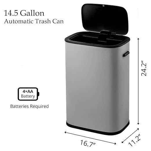 14.5 Gal/55L Motion Sensor Trash Can, Touchless Automatic Garbage Bin with Soft-Close Lid & Handle, Rectangular Waste Basket for Kitchen, Bathroom, Bedroom, Grey (No Inner Bucket)