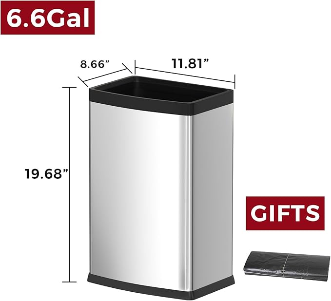 25L/6GALSquare Silver Garbage Can,Tall Kitchen Garbage Can,Silver Tall Trash can for Bathroom,Tall Stainless Steel dusbin for Commercial,Detached House