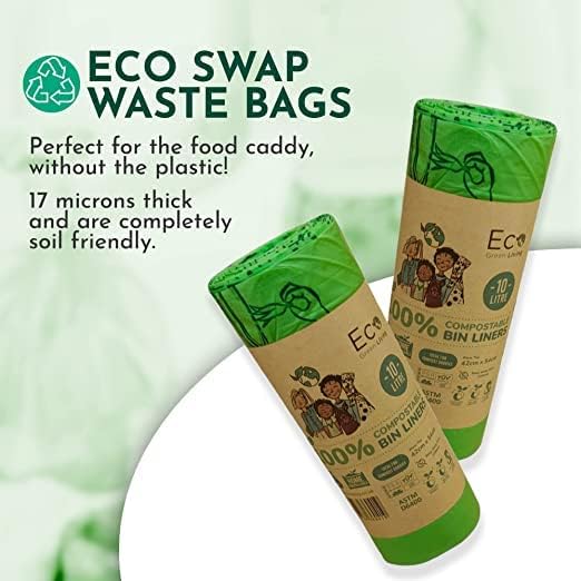 Eco Green Living 100% Compostable Caddy Liners, Biodegradable Food Waste Bags. Plastic & BPA-Free 10L Bin Liners, Vegan, Recyclable, Leakproof Kitchen Waste Bags, 4 Pack, 72 Bags