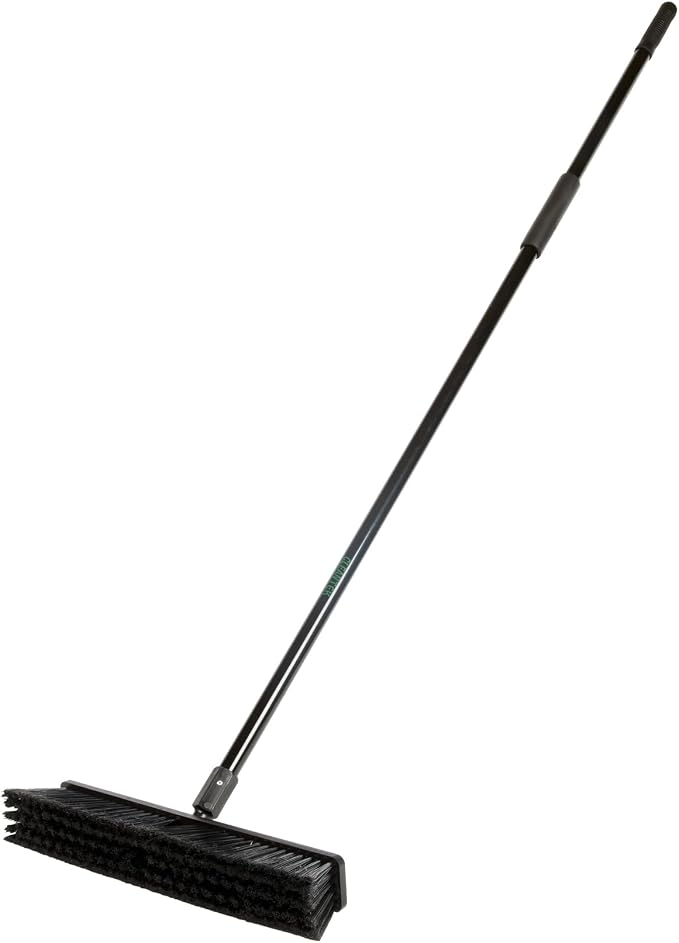 Restaurantware-Clean Tek Professional 17.13 Inch Push Broom, 1 Heavy-Duty Broom with 59” Handle - Fine Bristles, 2 Handle Attachment, Wooden, Commercial Use, for Deck, Garage, Yard, Patio