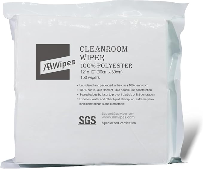 AAwipes Cleanroom Polyester Wipers 12"x12" (Bag of 150 Pcs) Double Knit 100% Polyester Wipes Lint Free Cloths with Ultra-fine Filaments, Laser Sealed Edge, Class 100 Cloths, Ultra-Soft Wipes