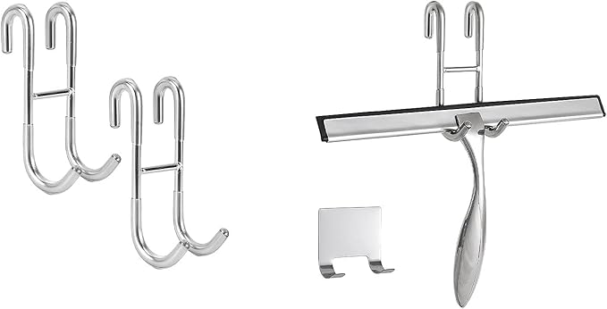 Simtive 12-Inch Shower Squeegee (Includes 1 Shower Door Hook and 1 Adhesive Hook), Shower Door Hooks (2-Pack), Both Silver, 2 Item Bundle