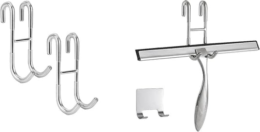 Simtive 12-Inch Shower Squeegee (Includes 1 Shower Door Hook and 1 Adhesive Hook), Shower Door Hooks (2-Pack), Both Silver, 2 Item Bundle