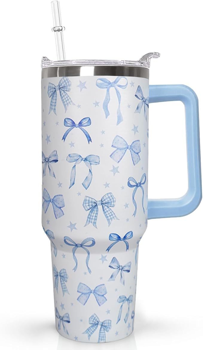 Ceovfoi 40 Oz Blue Bow Tumbler With Handle, Blue Bow Decor Coffee Travel Mug Cup Water Bottle, Gifts for Women Girls