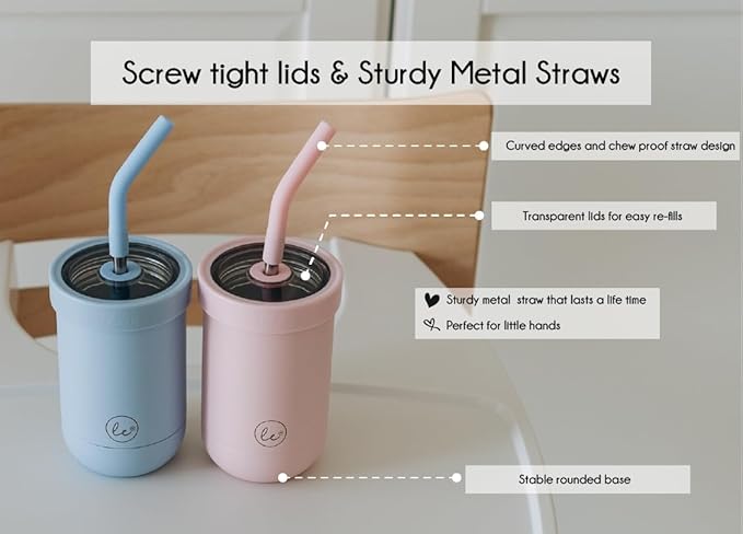 Toddler straw cups spill proof | Set of 2 Stainless steel Baby straw sippy cups for toddlers 3+ year old | Insulated Kids cup tumblers | Best training cups for toddlers 1-3