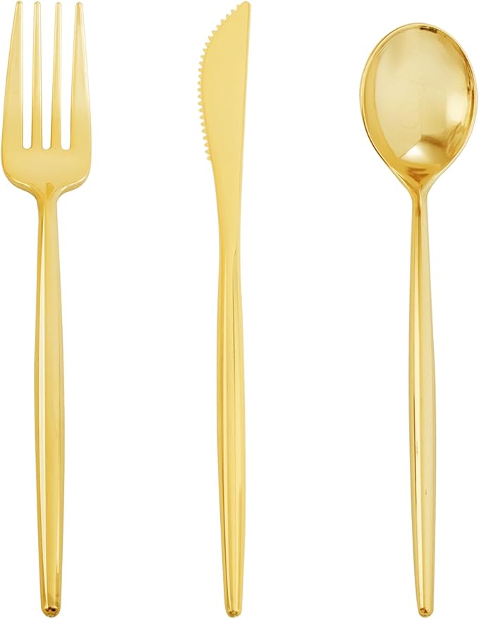 Supernal 180 Pcs Gold Plastic Silverware Set: Heavy Duty Disposable Cutlery for 60 Guests (60 Forks, 60 Spoons, 60 Knives) - Elegant Bulk Plastic Utensils for Weddings, Birthdays, and Party