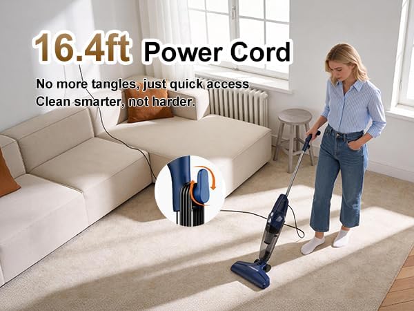 Vacuum Cleaner for Home Powerful Suction Lightweight Self-standing 16.4ft Cord HEPA Filter 3-in-1 Handheld with 180°Left-Right Steering for Pet Hair Hard Floors Vinyl Carpet Car Office (VA001)