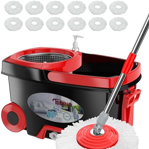 FunClean Spin Mop and Bucket,Mop and Bucket with Wringer Set for Home,360 Spinning Mopping Floor Cleaning Tool with 12 Microfiber Replacement Head Refills,61" Extended Handle, 2X Wheel - Black