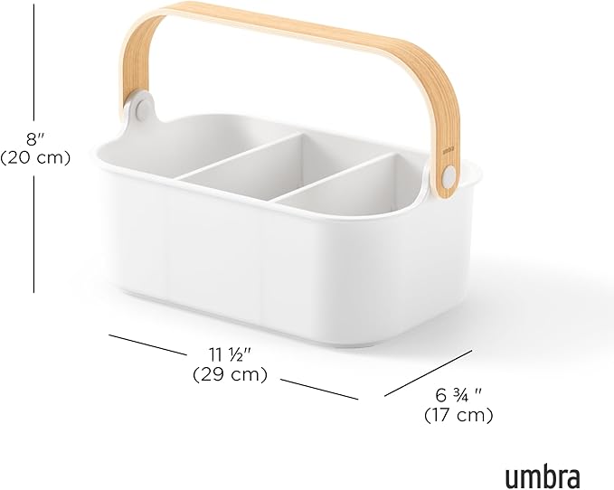Umbra Bellwood Stackable Bin, 11" x 7" Durable Lightweight Container with Wooden Handle and Removable Dividers, White/Natural
