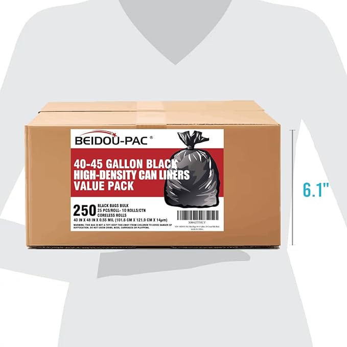 BEIDOU-PAC 40-45 Gallon Lawn & Leaf Trash Bags, 250 Count Bulk, Black Garbage bags, Multi-purpose Trash Can Bin Liners for Home Commercial, Outdoor, Construction, Industrial