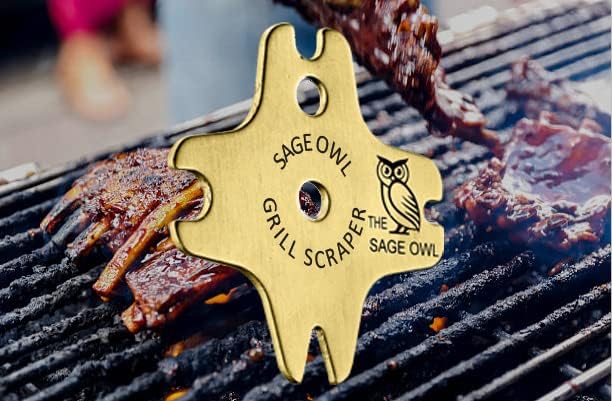 Sage Owl Bristle-Free Stainless Steel BBQ Grill Scraper with Handle Combo- Safe Portable Brass Grill Cleaner for Outdoor, Porcelain and Charcoal Grills – Gift for Men Who Have Everything