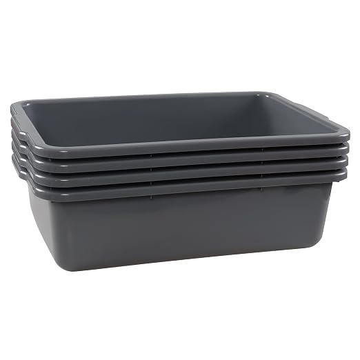 4 Pack Commercial Bus Box, 32 L Plastic Bus Tubs, Gray