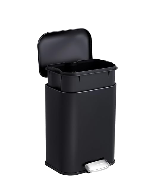 1.3 gal/5L Stainless Steel Kitchen Trash Can, Step-on Recycling Bin with Soft Close Lid, Removable Inner Bucket, Rectangular Wastebasket for Office Living Room, Black