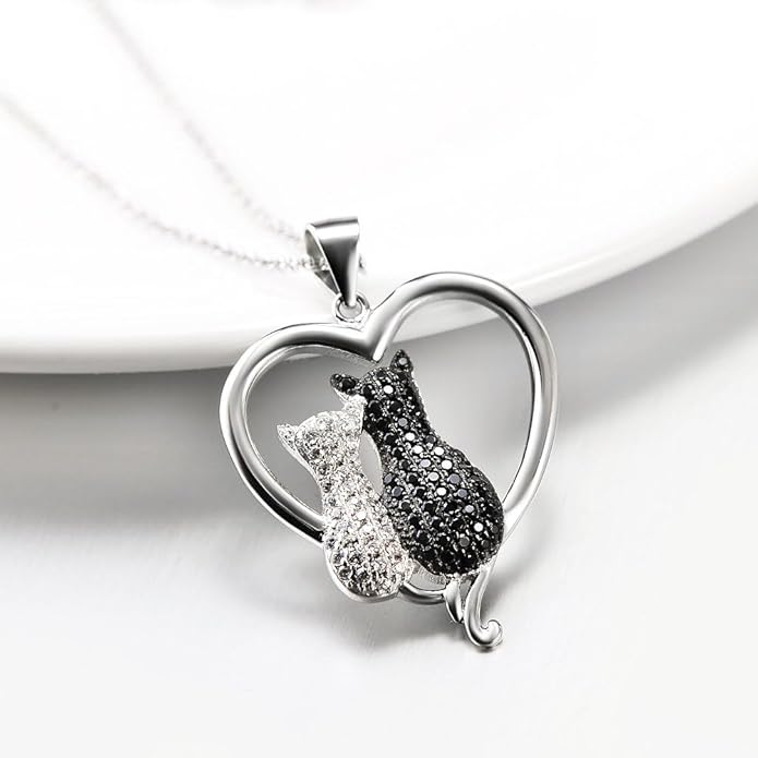 Two-tone 925 Sterling Silver Black and White Crystal Couple Cat Love Pendant Necklace, 18"