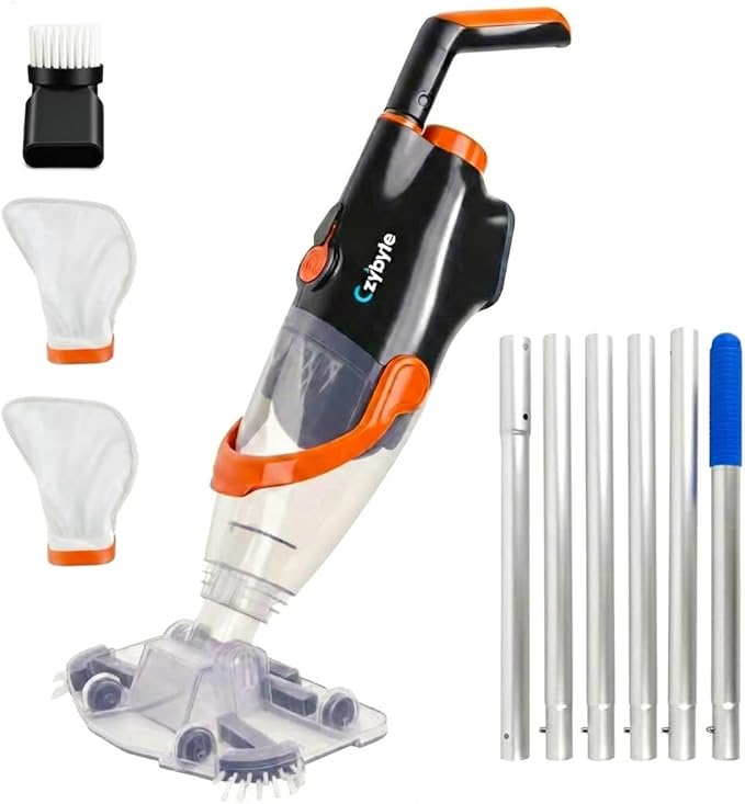 Handheld Pool Vacuum Cleaner, Rechargeable Pool Bottom Cleaner with Strong Suction, 1 H Runtime, 89 inchs Extension Pole,for Above Ground/Inground Pools, Spas and Hot Tubs, Orange and White