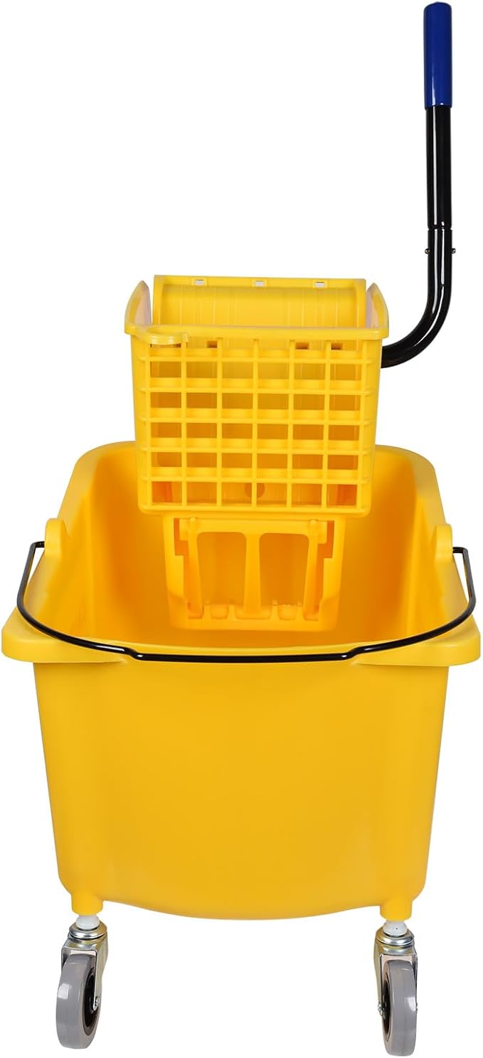 Side-Press Wringer Commercial Mop Bucket on Wheels, 35-Quart, Yellow Mop Bucket for Professional/Industrial/Business Heavy-Duty Floor Cleaning/Mopping