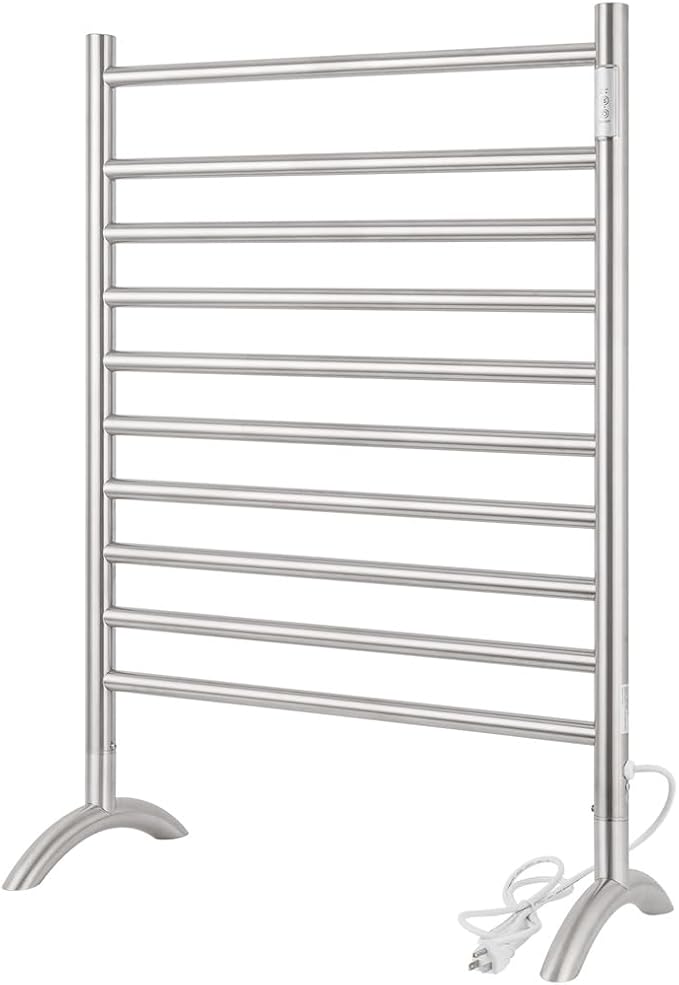 Freestanding Plug-in Towel Warmer 10-Bar Brushed Stainless Steel | Freestanding portable design for multi-scene use, ideal for bathroom, bedroom and living room.