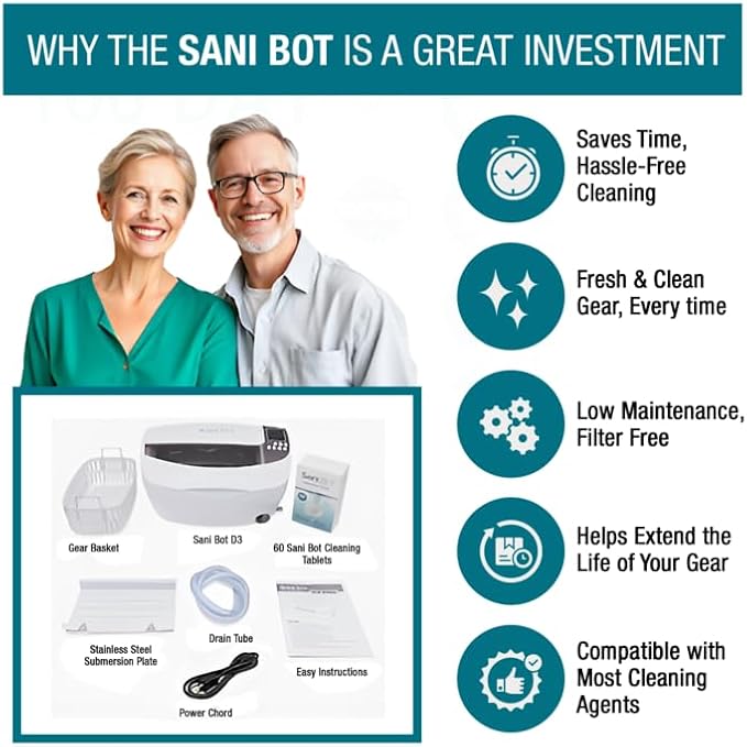 Sani Bot D3 Sleep Gear Cleaning – Cleaner with 60 Tablets, Ideal for Home Use and Sleep Gear, Mask, Hose Maintenance – Stainless Steel Reservoir 3 Liter Tank (9.8" w x 6.9" h x 3.1" d)