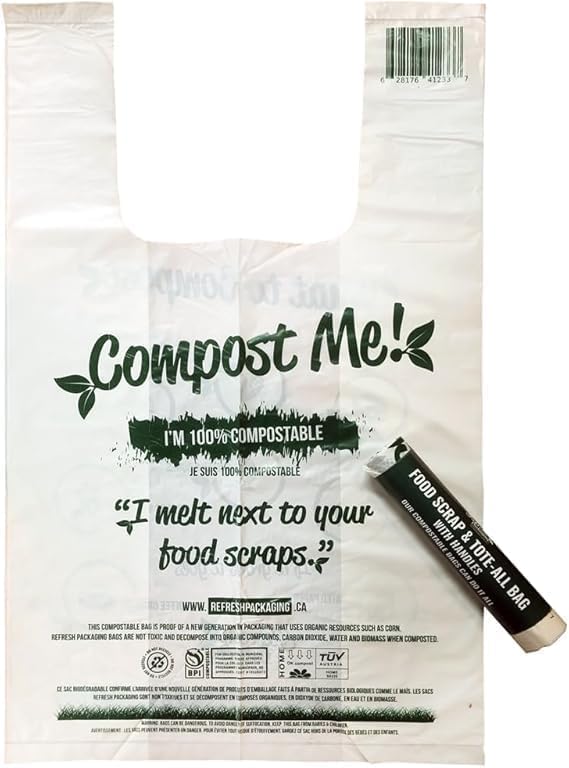 Compost Bags - 100% Certified Kitchen Garbage Bag for Shopping & Grocery - Green Bin Bags with Handles - Kitchen Bags - Plastic Free Food Waste Bag - 600 Bags Per Case